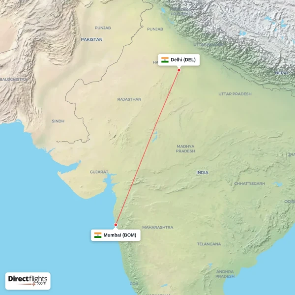 Mumbai - Delhi direct flight map