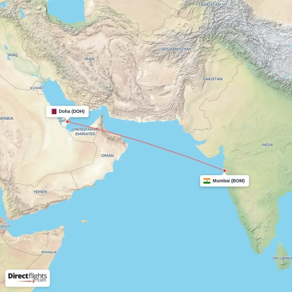 Mumbai - Doha direct flight map