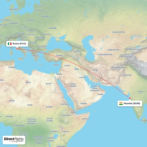Mumbai - Rome direct flight map