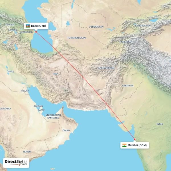 Mumbai - Baku direct flight map