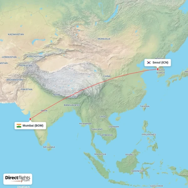 Mumbai - Seoul direct flight map