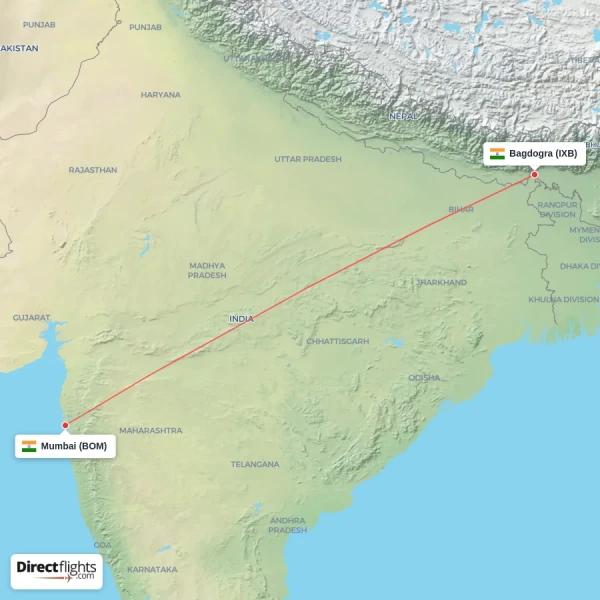 Mumbai - Bagdogra direct flight map