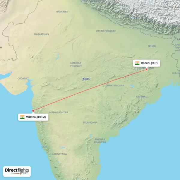 Mumbai - Ranchi direct flight map