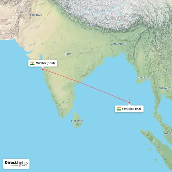 Mumbai - Port Blair direct flight map
