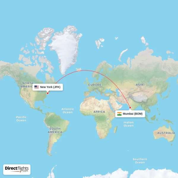 Mumbai - New York direct flight map
