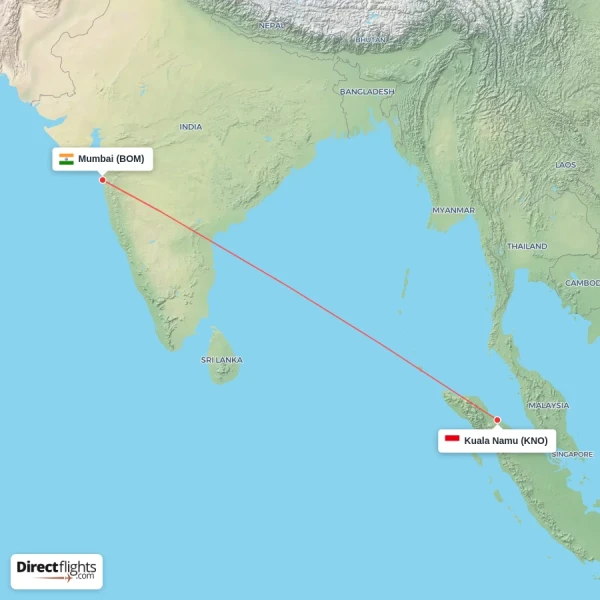 Mumbai - Kuala Namu direct flight map