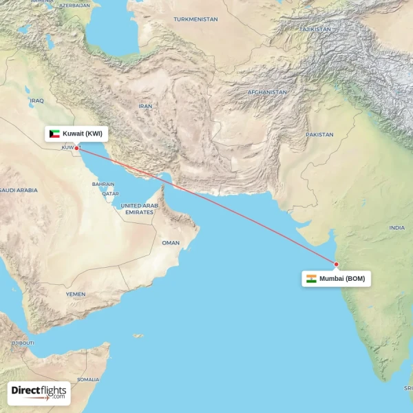 Mumbai - Kuwait direct flight map