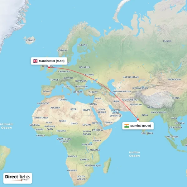 Mumbai - Manchester direct flight map