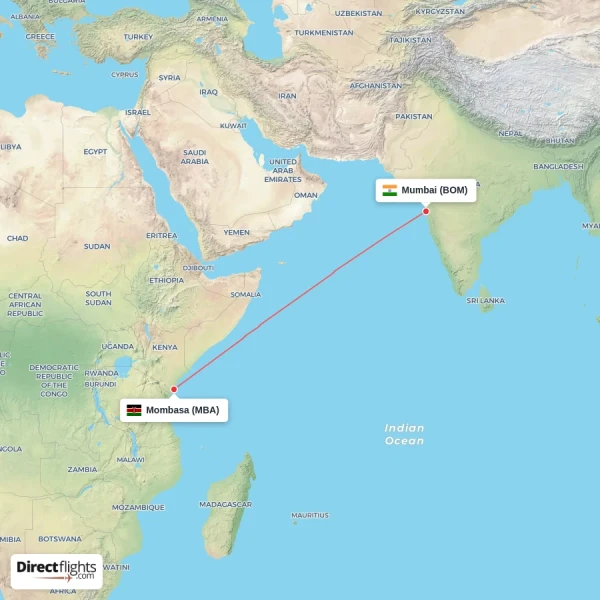 Mumbai - Mombasa direct flight map