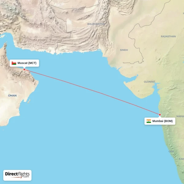 Mumbai - Muscat direct flight map