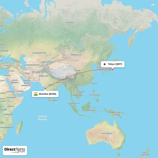 Mumbai - Tokyo direct flight map