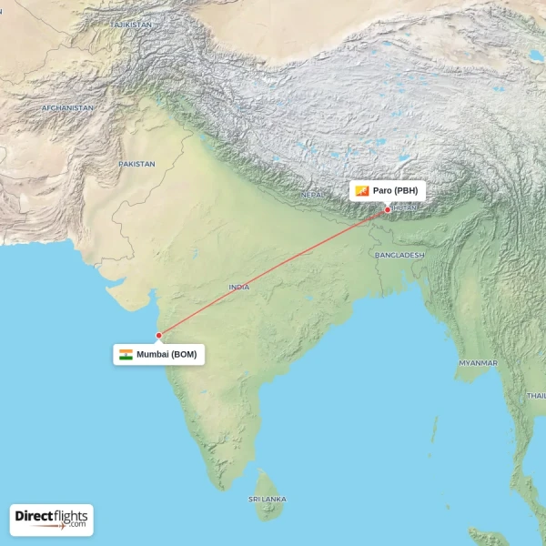 Mumbai - Paro direct flight map