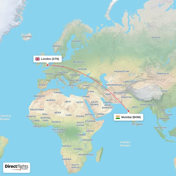 Mumbai - London direct flight map