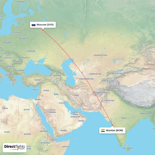 Mumbai - Moscow direct flight map