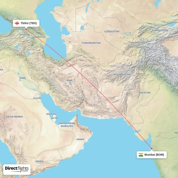 Mumbai - Tbilisi direct flight map