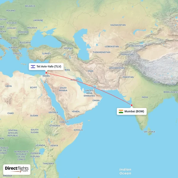 Mumbai - Tel Aviv-Yafo direct flight map