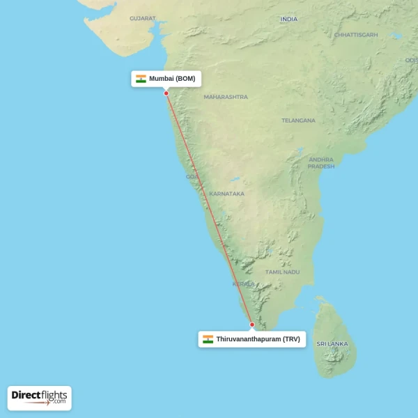 Mumbai - Thiruvananthapuram direct flight map