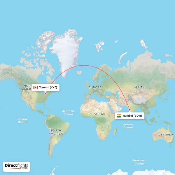 Mumbai - Toronto direct flight map