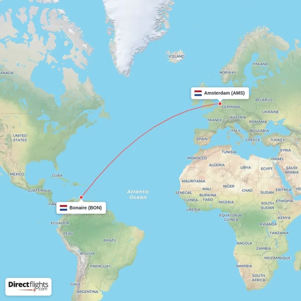 Bonaire - Amsterdam direct flight map