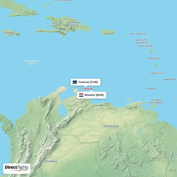 Bonaire - Curacao direct flight map
