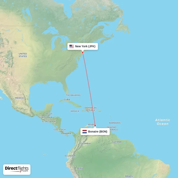 Bonaire - New York direct flight map