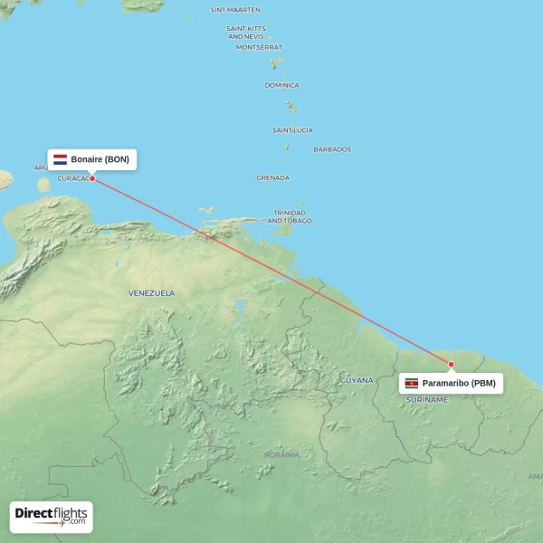 Bonaire - Paramaribo direct flight map