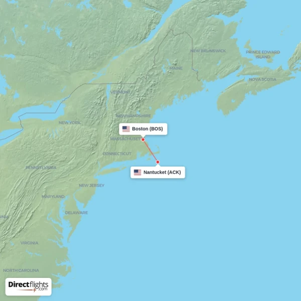 Boston - Nantucket direct flight map