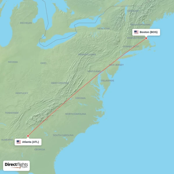 Boston - Atlanta direct flight map