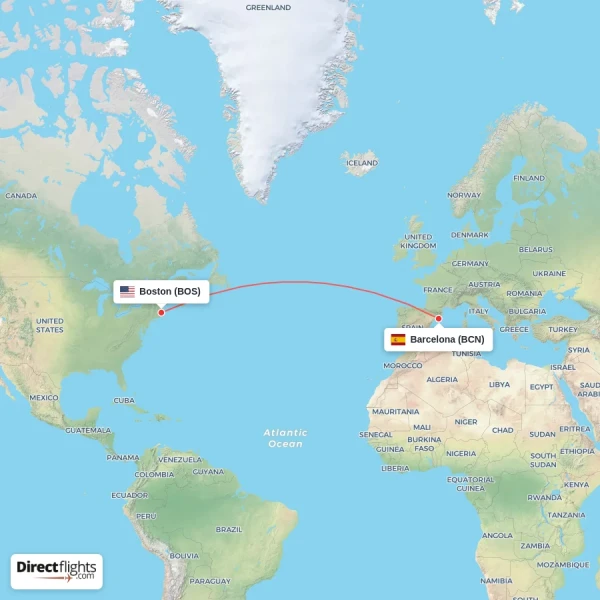 Boston - Barcelona direct flight map