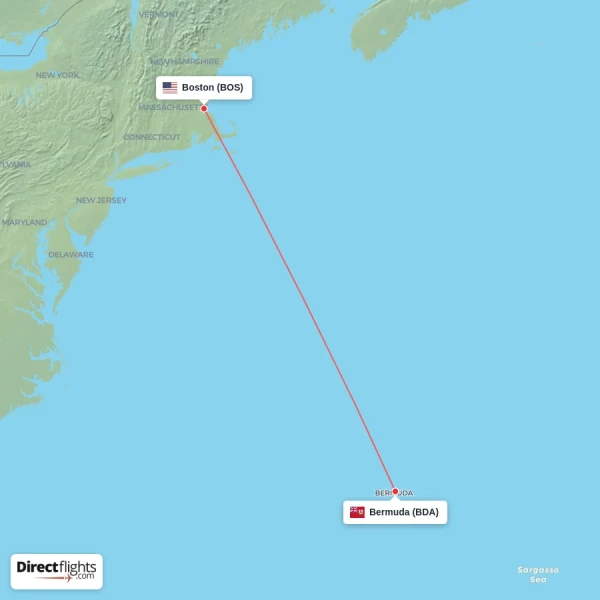 Boston - Bermuda direct flight map