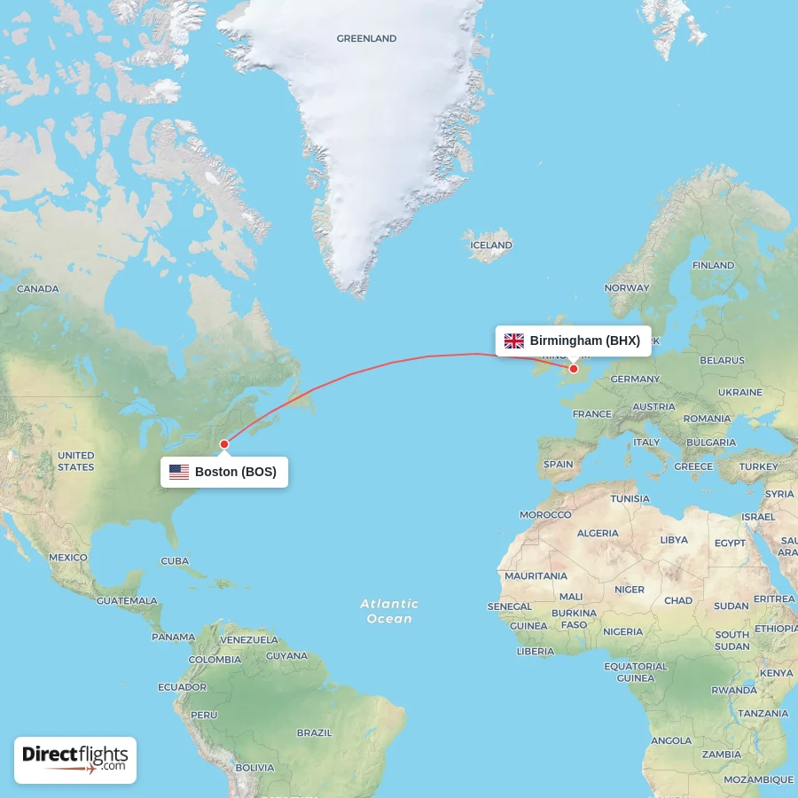 BOS - BHX route map