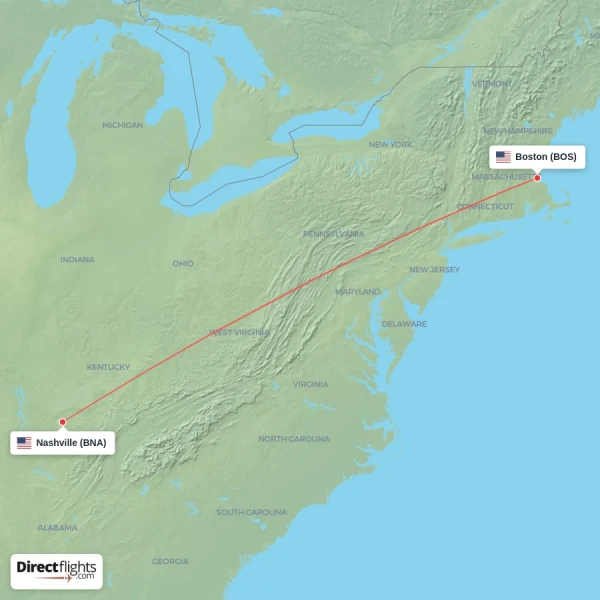 Boston - Nashville direct flight map