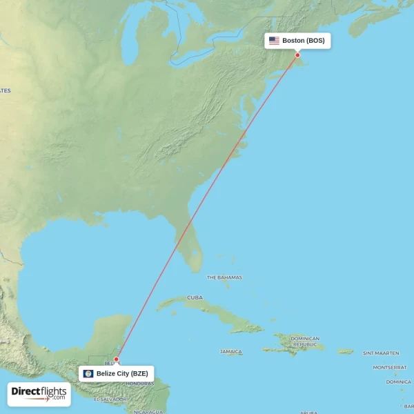 Boston - Belize City direct flight map