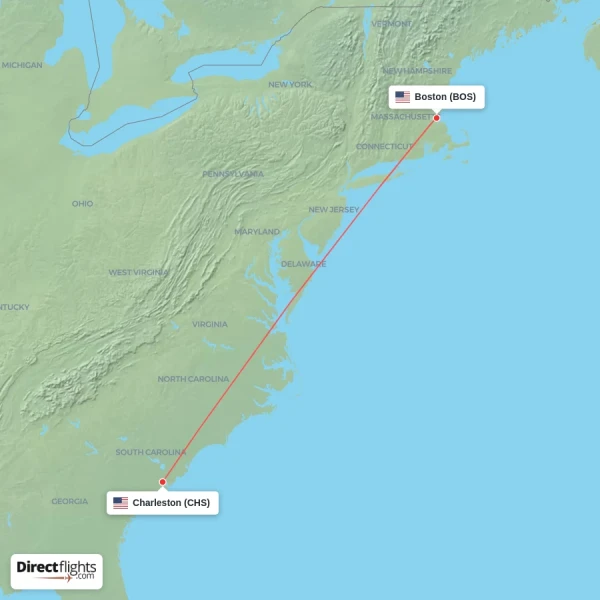 Boston - Charleston direct flight map