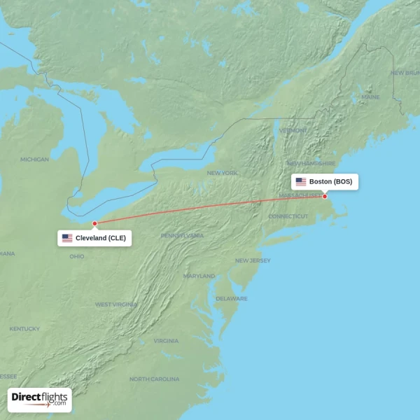 Boston - Cleveland direct flight map