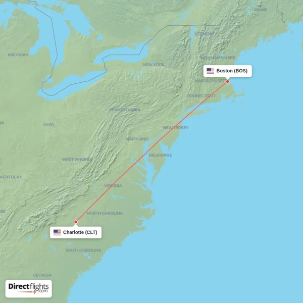 Boston - Charlotte direct flight map