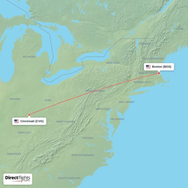Boston - Cincinnati direct flight map