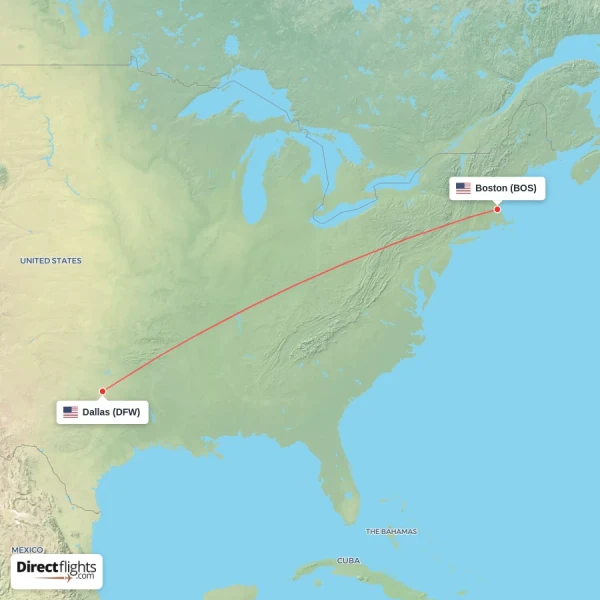 Boston - Dallas direct flight map