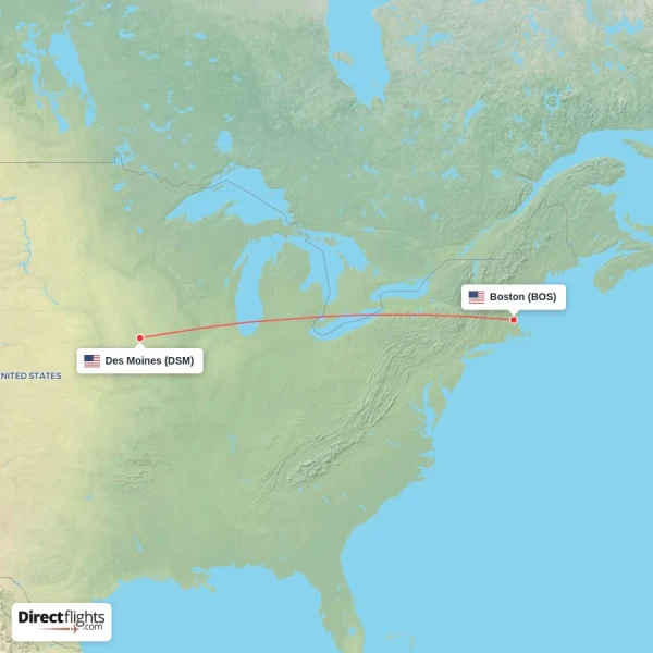 Boston - Des Moines direct flight map