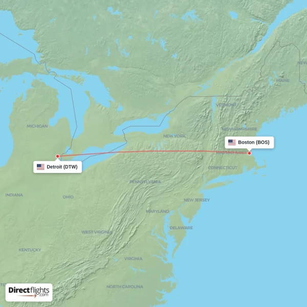 Boston - Detroit direct flight map