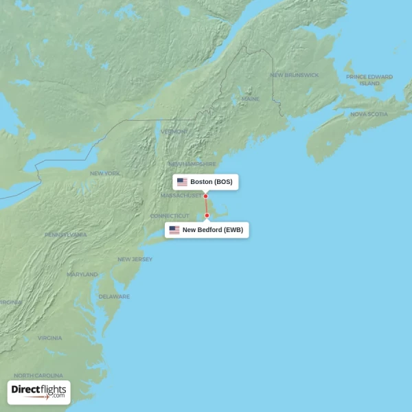 Boston - New Bedford direct flight map