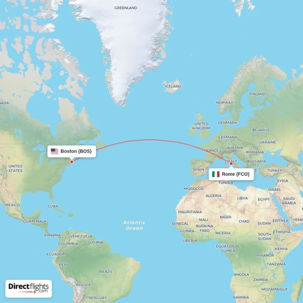 Boston - Rome direct flight map