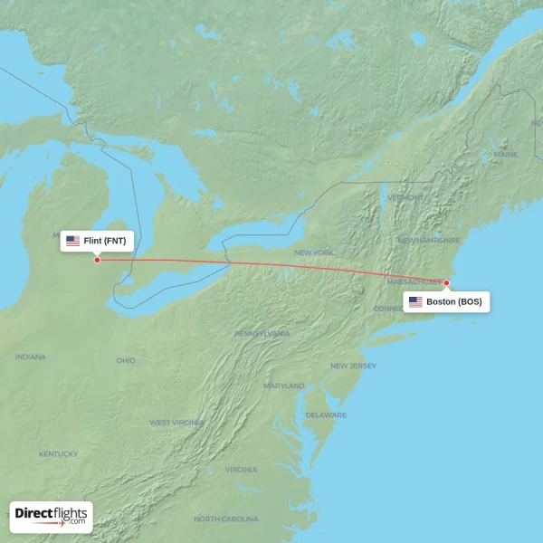 Boston - Flint direct flight map
