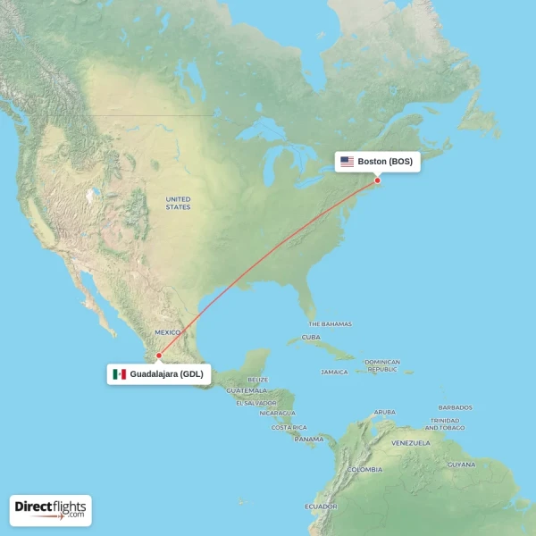 Boston - Guadalajara direct flight map