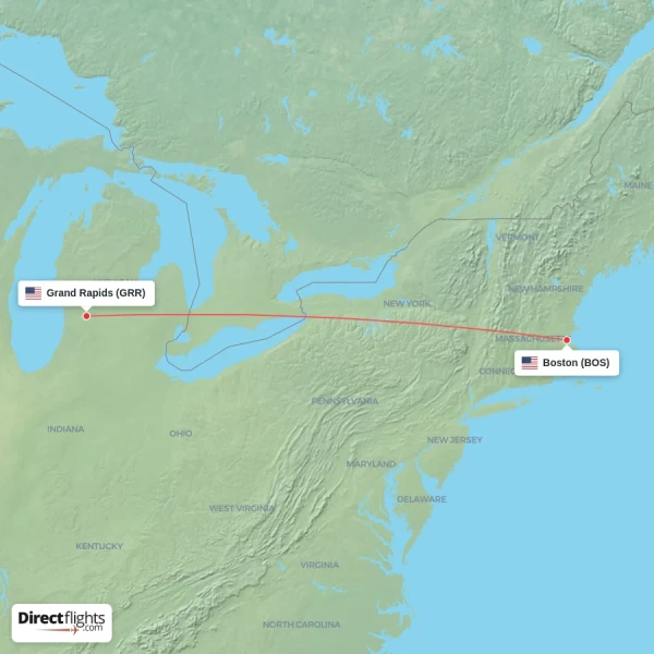 Boston - Grand Rapids direct flight map