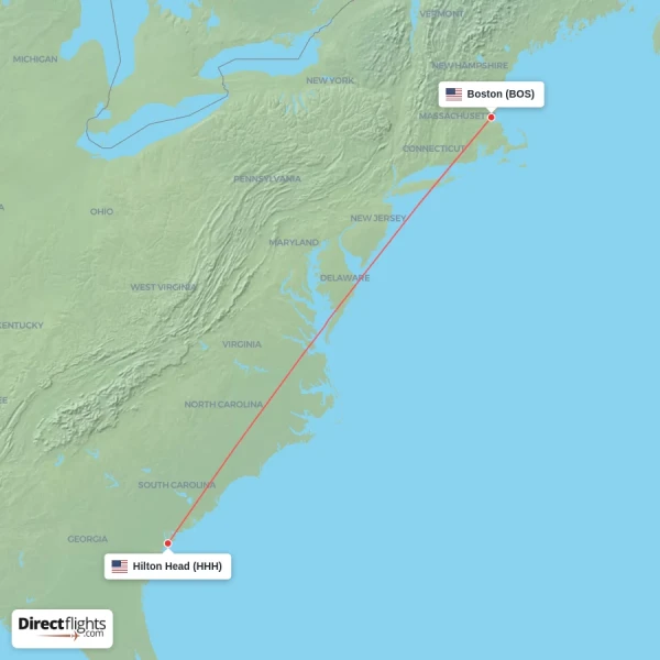 Boston - Hilton Head direct flight map