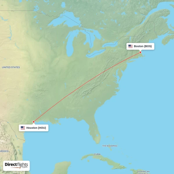 Boston - Houston direct flight map