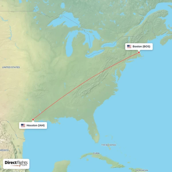 Boston - Houston direct flight map