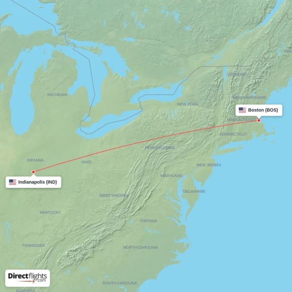 Boston - Indianapolis direct flight map