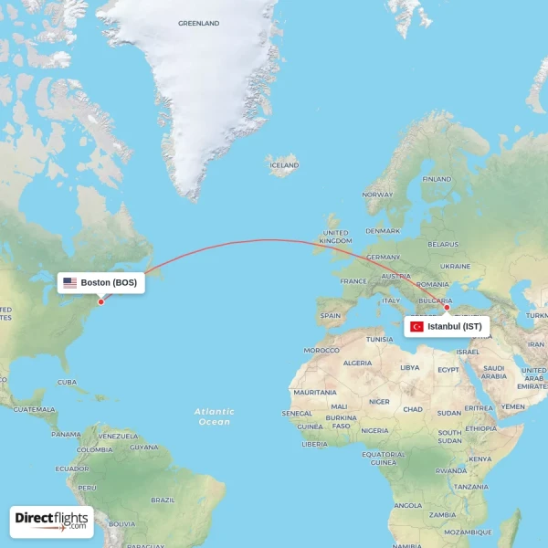 Boston - Istanbul direct flight map
